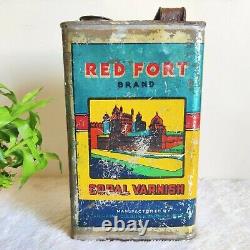 1950s Vintage Red Fort Brand Copal Varnish Advertising Tin Box Can Rare T1000