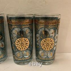 4 Gold Medallion Turquoise High Ball Glasses Continental Can Company Culver RARE