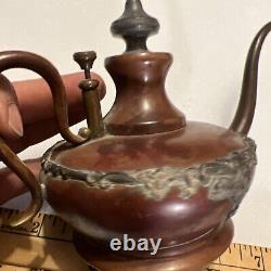 Antique Manning Bowman Oil Lamp Filler Copper Metal Ornate Trim Rare Can Teapot