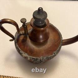 Antique Manning Bowman Oil Lamp Filler Copper Metal Ornate Trim Rare Can Teapot