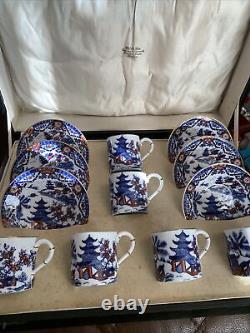 Antique, Rare, England, Royal Worcester Gaudy Blue Willow Coffee Can Set Boxed