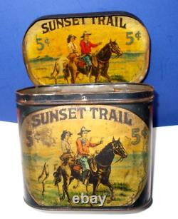 Antique Sunset Trail Cigar Humidor Tin Litho Tobacco Can Barnesville Oh. Rare