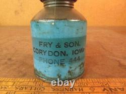BLUE Vintage John Deer 1930's oil can advertising Fry's Hardware Corydon IA RARE