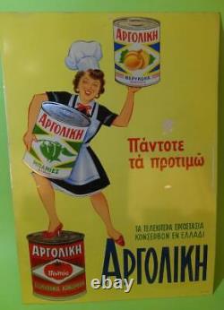 GREECE RARE GREEK'?' ARGOLIKI CANS TIN LITHO ADVERTISING SIGN 1960's