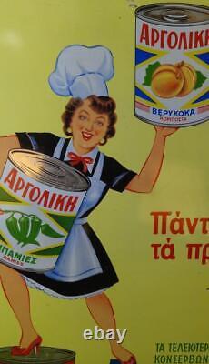 GREECE RARE GREEK'?' ARGOLIKI CANS TIN LITHO ADVERTISING SIGN 1960's
