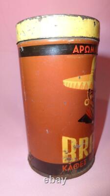 GREECE RARE GREEK CAFE BRAVO TIN LITHO COFFEE CAN BOX BROWN YELLOW 1960's