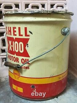 Old Vintage Shell X-100 Motor Oil Tin Can Bucket 4 Gallon Automobile USA Rare