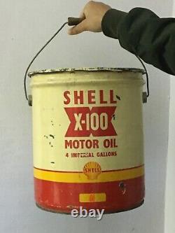 Old Vintage Shell X-100 Motor Oil Tin Can Bucket 4 Gallon Automobile USA Rare