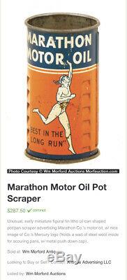 RARE 1930s Marathon Motor Oil Scour Metal Can Tube Vintage Advertising Display