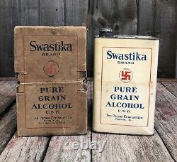 RARE 1931 Lucky SWASTIKA Pure Grain Alcohol Peoria Corp. Tin Can withBox AMAZING