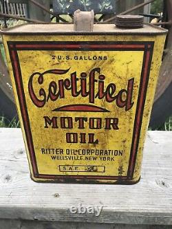 RARE Certified Motor Oil Can 2 Gallon Ritter Oil Yellow Wellsville NY