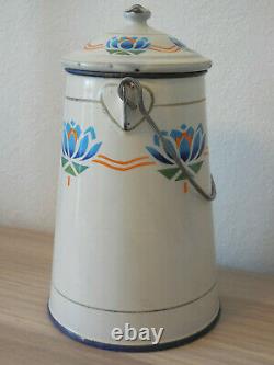 RARE GENUINE OLD French Enameled MILK CAN / JAR BLUE WATER LILIES ART DECO