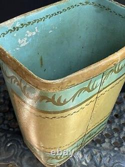RARE LARGE Vintage Blue GOLD FLORENTINE Italian Trash Can Antique Wastebasket