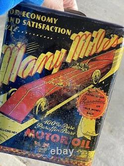 RARE Many Miles 2 gallon oil can graphic Race Car two gallon sign
