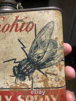 RARE Sohio Fly Spray Tin Can Graphics Standard Oil Gasoline Advertising One Pint