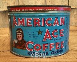 RARE Vintage AMERICAN ACE COFFEE Tin Can Country Store Display Pilot Graphic