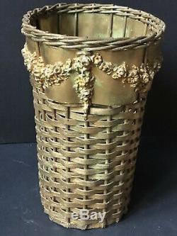 RARE Vintage GOLD BARBOLA ROSES BOW Swags Trash Can Wicker Antique Wastebasket