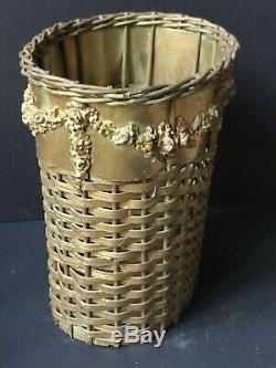 RARE Vintage GOLD BARBOLA ROSES BOW Swags Trash Can Wicker Antique Wastebasket