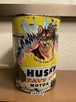 RARE! Vintage Yellow Husky motor oil can empty 1 quart metal