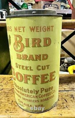 Rare 1900s BIRD BRAND STEEL CUT COFFEE ANTIQUE ADVERTISING TIN CAN 3 LBS
