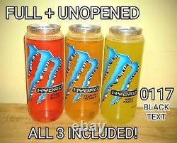 Rare! 2017 Monster Energy Drink Hydro 0117 Black Text! All 3 Plastic Cans Full
