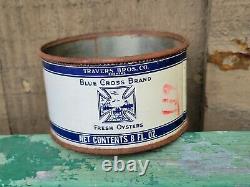 Rare 8-oz Blue Cross Brand vintage OYSTER TIN Travers Bros Baltimore MD Ind. Can