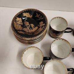 Rare Antique Booths Silicon China Coffee Cans & Saucers Black & Gold Willow
