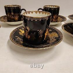 Rare Antique Booths Silicon China Coffee Cans & Saucers Black & Gold Willow