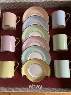 Rare Set 6 Tuscan Demitasse Coffee Cups Cans & Saucers Boxed Pastel Harlequin