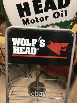 Rare Vintage 1970s Wolfs Head motor oil Display oil can Rack Gas and Oil. Nice