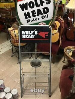 Rare Vintage 1970s Wolfs Head motor oil Display oil can Rack Gas and Oil. Nice