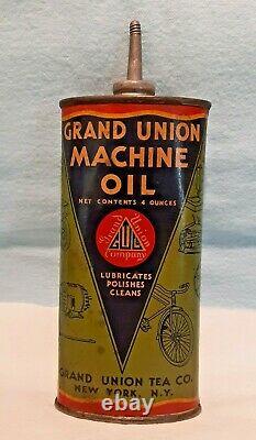 Rare Vintage Grand Union Machine Oil Tin Can Handy Oiler Lead Top Hard To Find