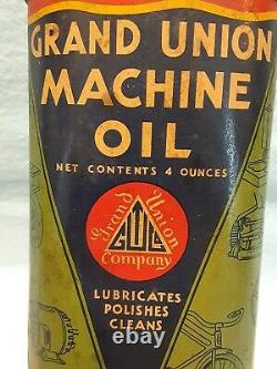 Rare Vintage Grand Union Machine Oil Tin Can Handy Oiler Lead Top Hard To Find