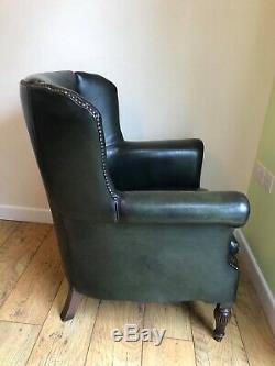 Rare Vintage Green Leather Studded Wingback Armchair CAN DELIVER