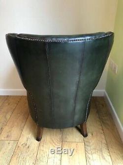 Rare Vintage Green Leather Studded Wingback Armchair CAN DELIVER