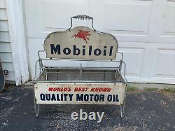 Rare Vintage Mobil Oil Bottle Can Carrying Rack Display Sign