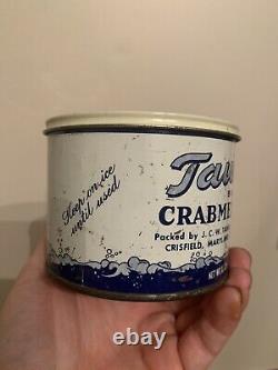 Rare Vintage Tawes Brand Crab Meat Can Crisfield, MD Maryland Crabmeat Tin