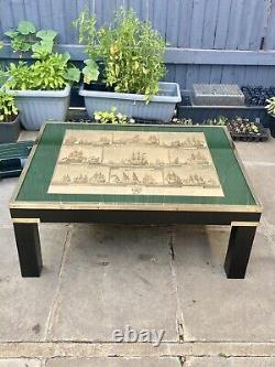 Rare antique wood, glass and brass trim mid century coffee table. Can deliver