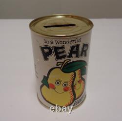 Rare vintage pear can bank anniversary greeting smiley face fruit coin tin bank
