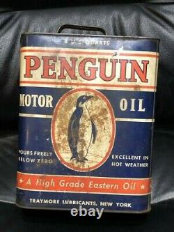 VERY RARE Vintage ORINGINAL 8 Quart PENGUIN MOTOR OIL CAN 2 Gallon HIGH GRADE