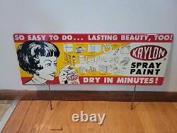 (VTG) 1950s Krylon Spray Paint lady & can Auto Advertising Metal store Sign rare