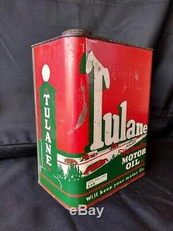 Vintage 1930s TULANE Oil Old Tin Metal Can With Car Graphic Sign RARE 2 Gallon