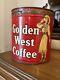 Vintage GOLDEN WEST Sideways Cowgirl 2lb Large Coffee Can Tin Rare Advertisement