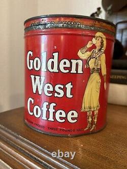 Vintage GOLDEN WEST Sideways Cowgirl 2lb Large Coffee Can Tin Rare Advertisement