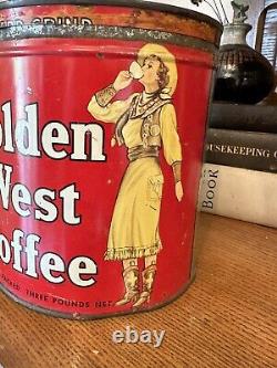 Vintage GOLDEN WEST Sideways Cowgirl 2lb Large Coffee Can Tin Rare Advertisement