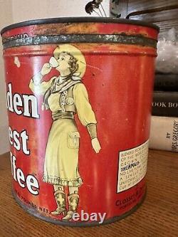 Vintage GOLDEN WEST Sideways Cowgirl 2lb Large Coffee Can Tin Rare Advertisement