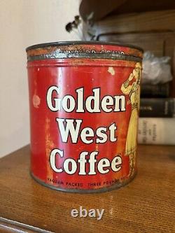 Vintage GOLDEN WEST Sideways Cowgirl 2lb Large Coffee Can Tin Rare Advertisement