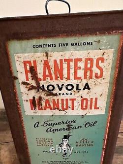 Vintage Original PLANTERS PEANUT OIL NOVOLA FIVE GALLON TIN CAN RARE 1940's