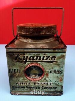 Vintage Rare Kayanize Metal High Gloss White Enamel 1 quart Paint Can Boston Co