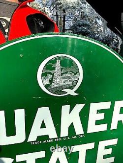 Vintage Rare Quaker State Motor Oil Tombstone Gas Metal Sign With Oil Well Graphic